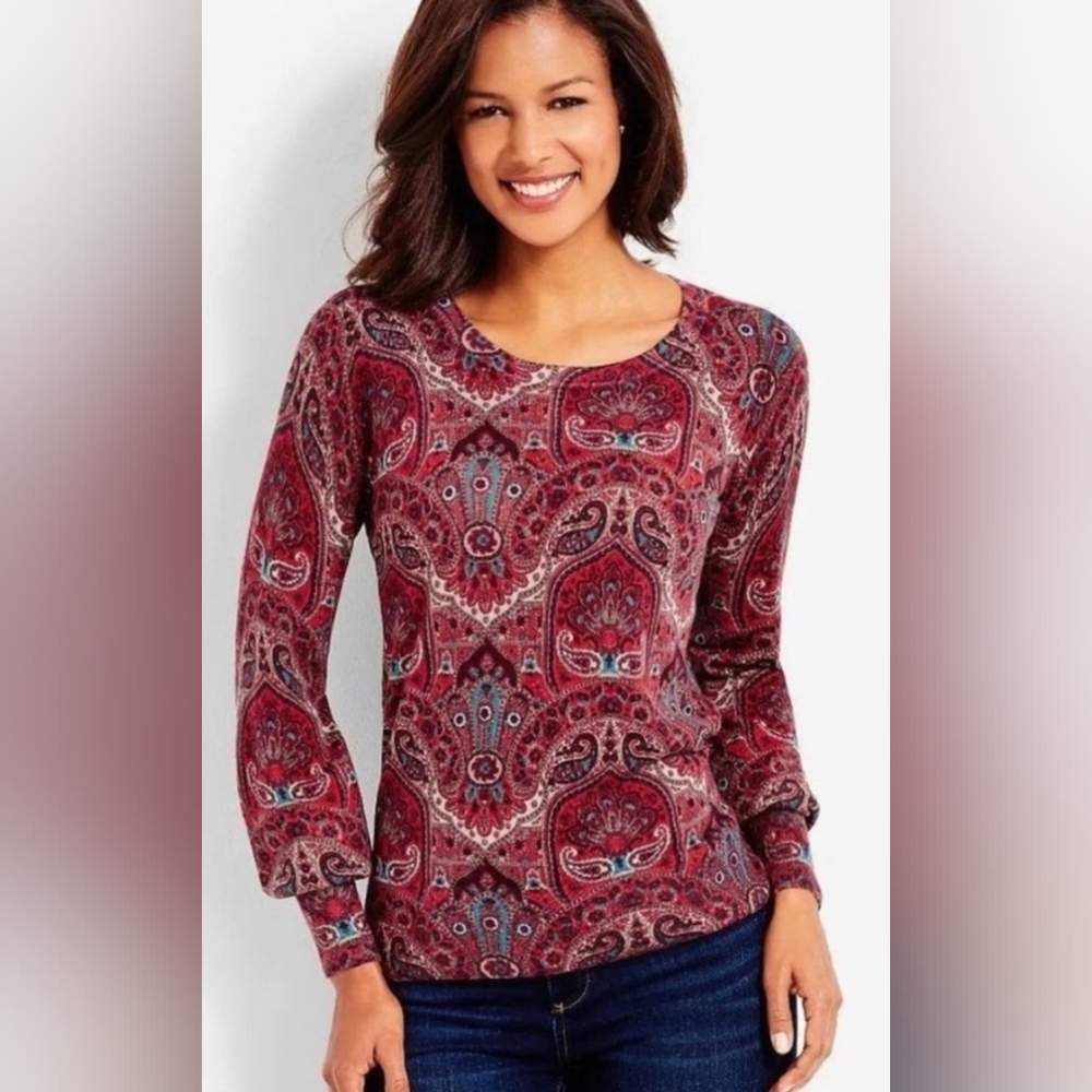 Talbots 100% Merino Wool Burgundy Paisley Sweater Top XS Fall Boho chic